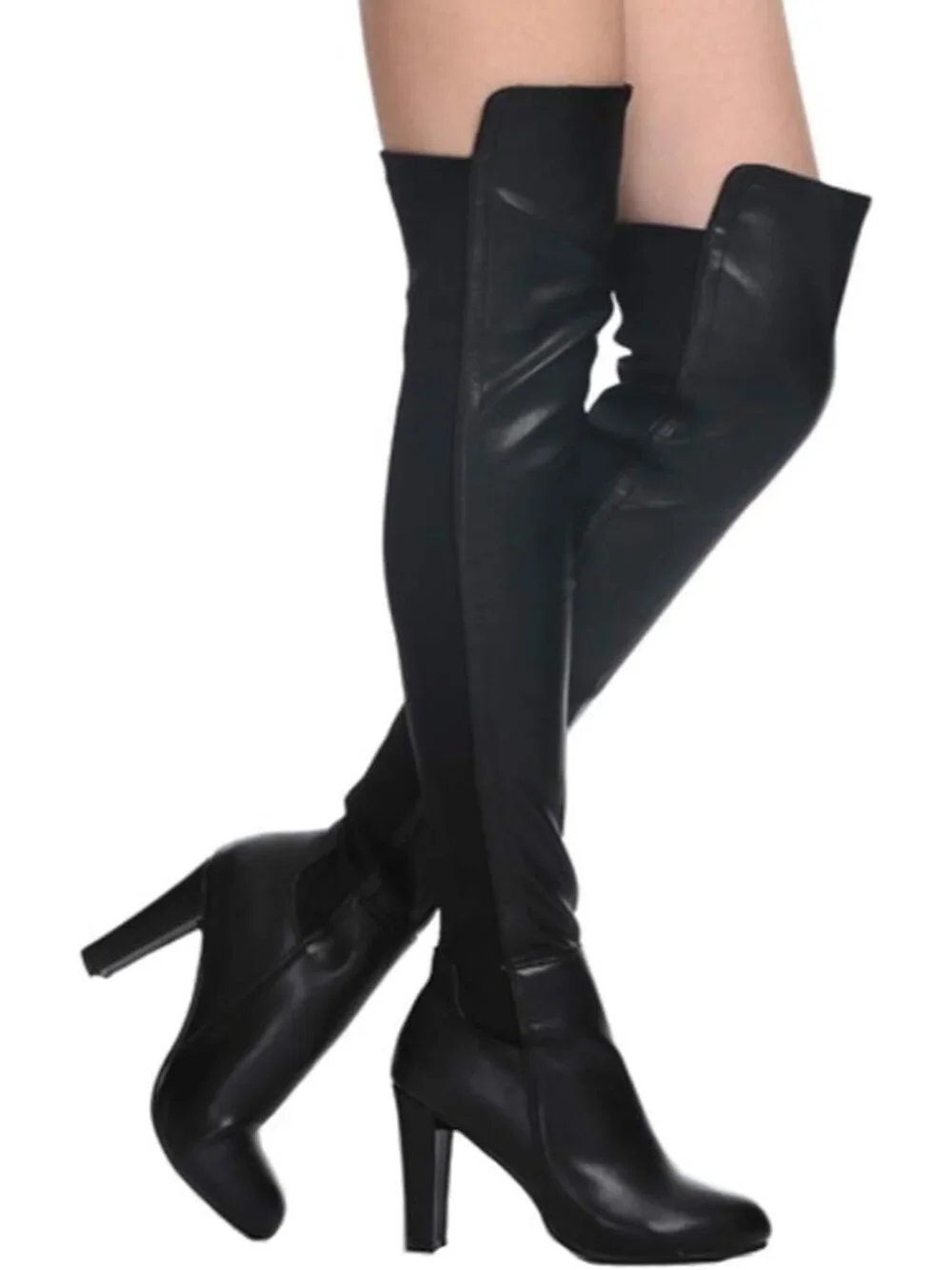 Women's Black Pu Faux Suede Chunky Heel Stretch Over The Knee Thigh High Boots